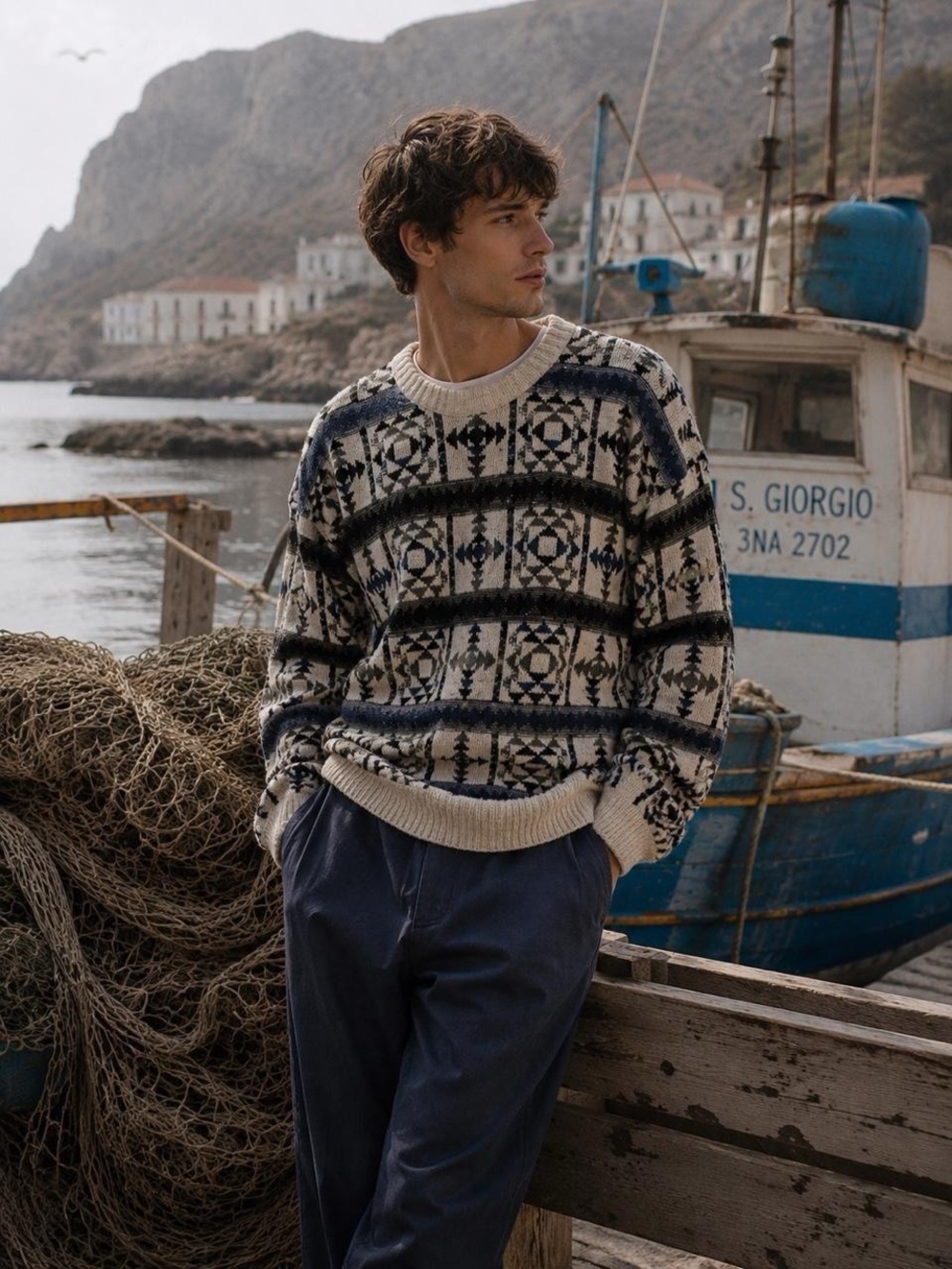 Vintage Fisherman's Men's Crew Neck Sweater Geometric Coastal Grandpacore